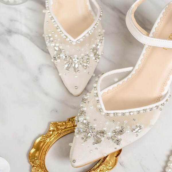 Women's Wedding Shoes Mid Heel Opened Toe Bridal Shoes with Crystals main image 1