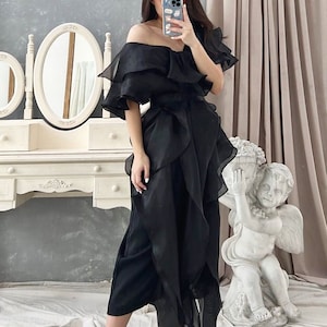 classy ruffle wedding guest dress, custom oversize bridesmaid dress, layered organza elegant dress, black sexy evening party dress