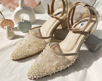 ivory women pointed toe shoes, pearl beaded shoes, embroidery pointed heels cream