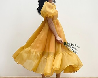 honey yellow puff sleeves cinderella dress, princess organza dress, simple vacation dress, sheer circle organza dress, elegant summer dress