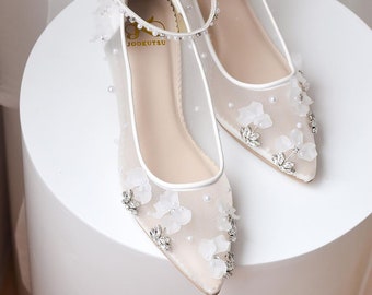 white flower beaded classic cinderella wedding shoe, bridal elegant shoe, pointed toe shoe, custom color party shoe, 3d floral sequin shoe