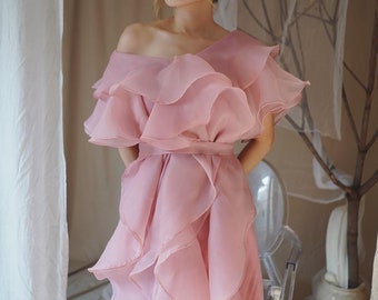 premium woman organza dress, drapped wedding guest gown, ruffled vintage prom dress, holiday woman formal attire, drapery midi dress