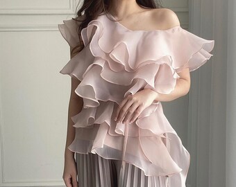 off shoulder minimalist organza frill top, ruffle pretty bridesmaid top, elegant simple evening party top, ruffle blouse, sexy pink top
