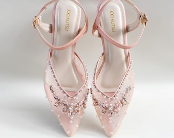 scarpe da festa con perline in oro rosa con tacchi in vetro, scarpe da principessa fatte a mano da damigella d'onore, scarpe da fata con perle con cinturino alla caviglia, scarpe da sposa eleganti e di classe
