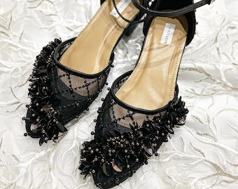 women black embroidery flat shoes, beaded floral lace women shoes, customized bridal sequin ankle strap vintage sandals, bridesmaid loafers