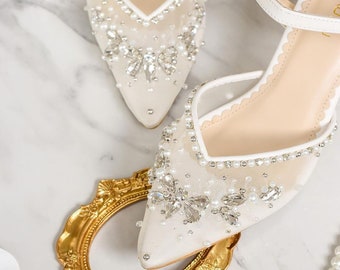 white pointed toe transparent bridal shoe, handmade crystal beaded wedding shoe, elegant classy ankle strap shoe, wedding heel, holiday shoe