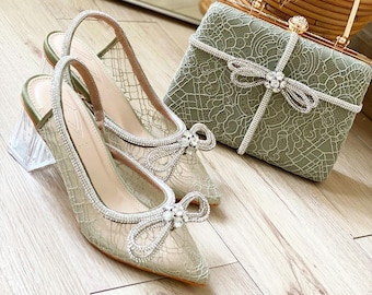 sage green lace shoes and clutch set, simple classy matcing set heels and bag, simple elegant party glass heels shoe, handmade elegant mule