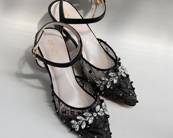 black lace simple wedding shoe, pointed toe pearl ankle strap shoe, rhinestone embellishment wedding guest flats, gothic mesh bridal shoe