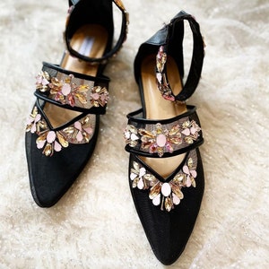 black satin beaded flat shoes, bridesmaid rhinestone shoes, pink formal pointed toe shoes, classic elegant ankle strap embroidery shoe