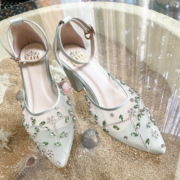 mint green pointed toe beaded shoe, elegant embroidery wedding guest shoe, evening party bling heels, sequin ankle strap shoe, glam shoe