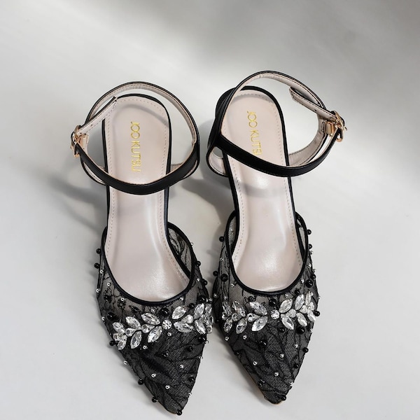 black lace simple wedding shoe, pointed toe ankle strap shoe, holiday shoe, wedding guest shoe, sparkly mesh bridal shoe, bridesmaid shoe