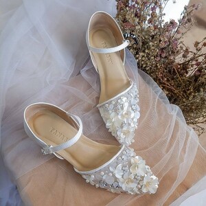 ivory pointed toe embroidery heels, ivory 3d flower girly beaded flat shoes, sequin pretty formal heels, floral custom bridal low heel shoe