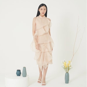 tiered peplum ruffles organza dress, midi organza graduation dress, formal wedding guest dress, pretty high round neck dress