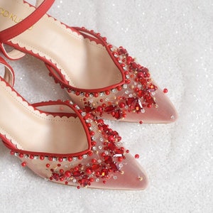 rich red glam transparent party shoe, pearl rhinestone shoe embroidery, classy elegant bridal shoe, simple handmade wedding pointed toe shoe