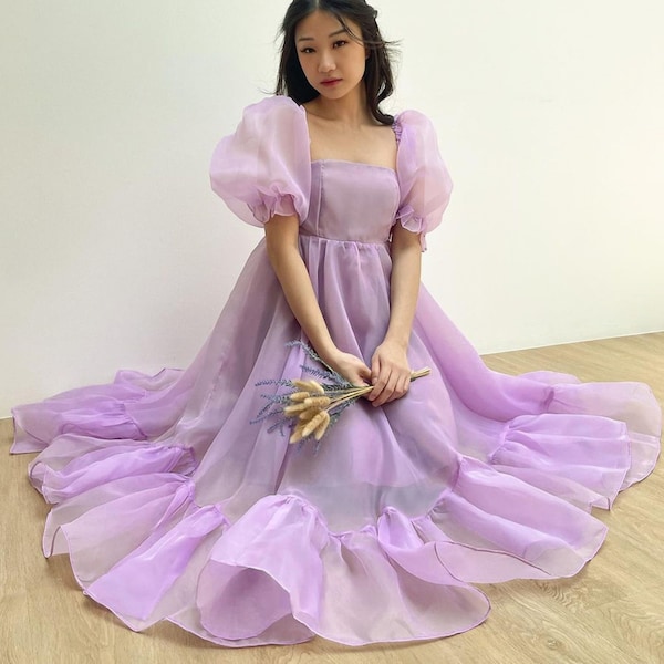 Robe en organza lilas à manches bouffantes pour poupée, jolie robe de princesse, robe de séance photo de maternité, tenue de fête en plein air chic, robe de barbie