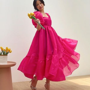 Robe en organza à manches bouffantes rose fuchsia, robe élégante de fête simple, robe de princesse Cendrillon, robe fluide élégante cercle, robe de cocktail image 1