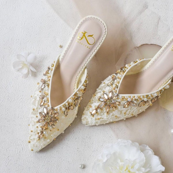 ivory gold wedding elegant mules, classy bridal heels, custom high heels, crystal beaded mule, pearl embellished woman wedding shoe