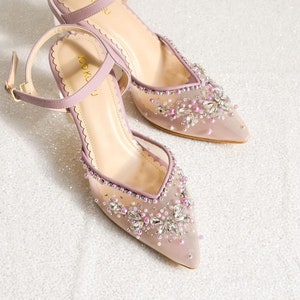 lavender rhinestone party shoe low heels, lilac pointed toe beaded heels, simple glam wedding guest shoe, handmade purple party shoe