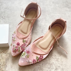 Chaussure de mariée brodée de fleurs roses cendrées, jolie chaussure de mariage perlée de rose princesse, chaussure de demoiselle d'honneur vintage sexy transparente, talon élégant