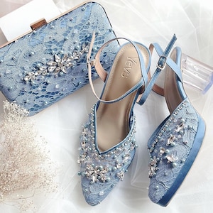 zapato de boda de mezclilla azul de encaje, tacón elegante de fiesta con cuentas, juego de zapato de partido y embrague, zapato de boda de dama de honor, tacón de princesa