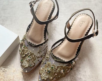 Sapato de festa verde-oliva com bordado floral, sapato de noiva tropical transparente verde-escuro, salto vintage glamouroso, sapato de Cinderela para convidada de casamento