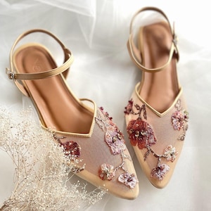 Rose Gold Knöchel Riemen Party Schuh, spitzer Zeh Perlen Glam Schuh, eleganter Hochzeit Gast Schuh, Abend-Party flacher Schuh, kundenspezifischer perlenbesetzter Absatz
