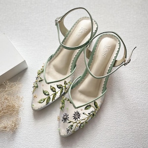 chaussures de mariage brodées florales vertes, talon de fête élégant perlé fait main, chaussures de demoiselle d'honneur classiques, chaussure d'été femme vintage