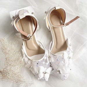 white unique wedding shoe, butterfly pointed toe transparent heels, ankle strap party shoe, lace bridal shoe, simple elegant comfort heels