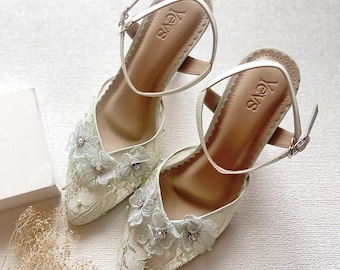 mint green floral elegant lace bridal shoe, classic vintage wedding pumps, garden party simple minimalist heel
