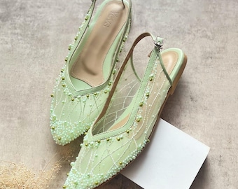 Sapato de noiva transparente em renda verde menta, salto alto para festa no jardim, estilo conto de fadas, sapato baixo bordado para festa de verão
