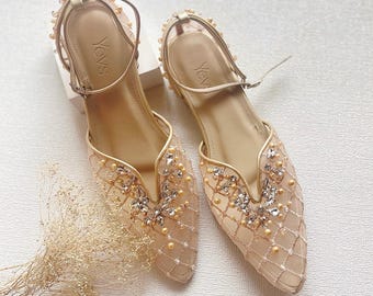 gold lace elegant pearl embellishment shoe, beaded embroidery flat shoe, sexy elegant transparent low heel shoe, simple bridal party heel