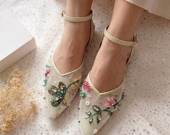 sage green tropical summer wedding shoe, classy floral embroidery bridal heel, elegant garden party bridesmaid flats
