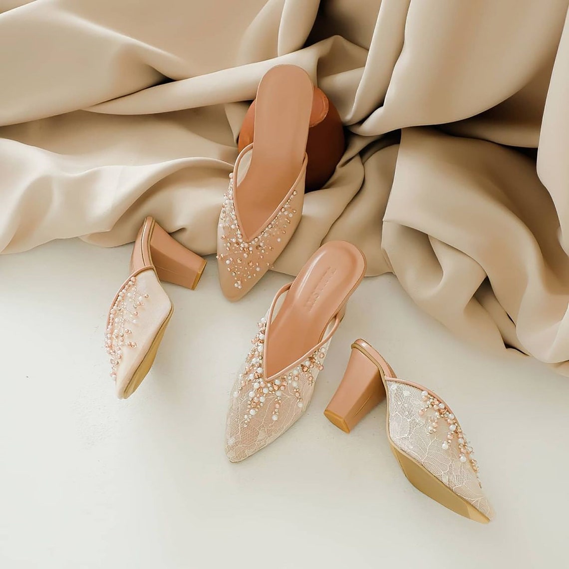 PEACH SILK EMBROIDERED HEELED MULES LEILY