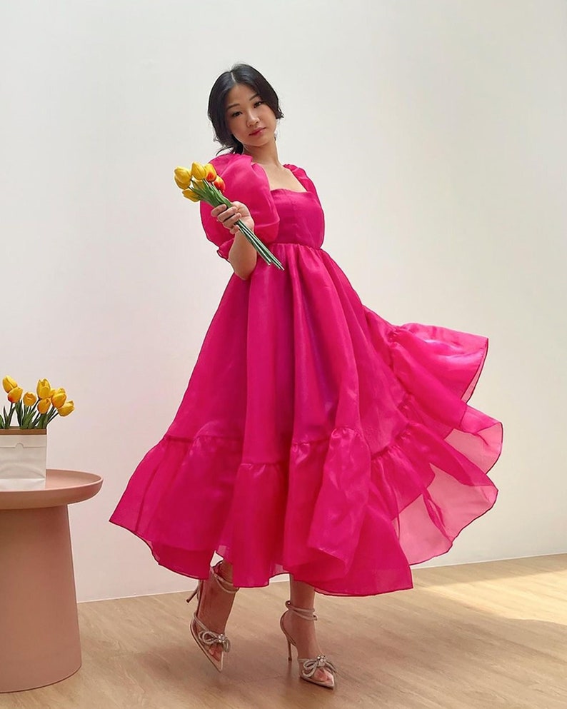 Robe en organza à manches bouffantes rose fuchsia, robe élégante de fête simple, robe de princesse Cendrillon, robe fluide élégante cercle, robe de cocktail image 1