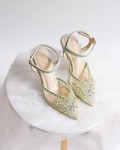sage green pointed toe beaded party shoe, elegant embroidery wedding guest shoe, minimalist simple pearl shoe, custom party ankle strap shoe product logo