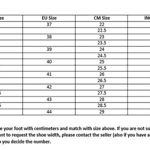 May include: Sizing guide for shoes with US, EU, CM, and inch sizes. The chart shows the corresponding sizes for men's shoes from size 5 to 12.
