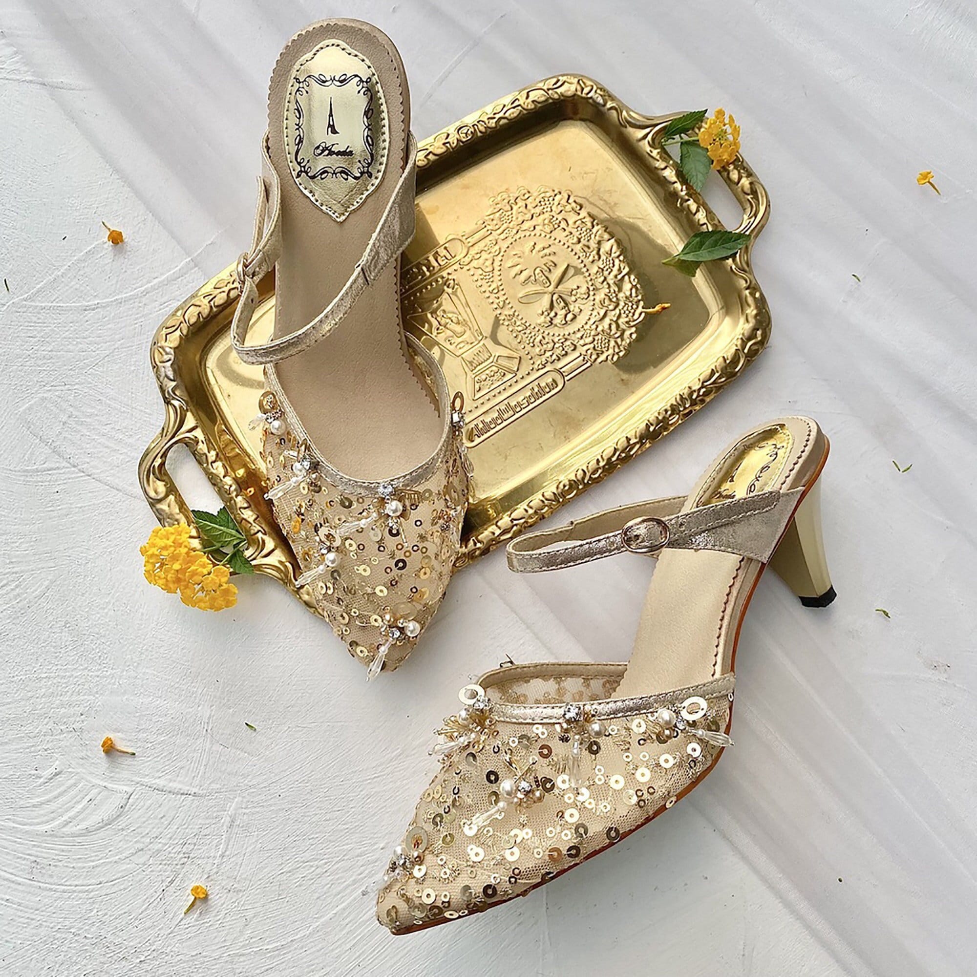 Shoes | Gold Low Block Heels Peep Toe Wedding Shoes | Poshmark
