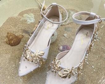White Gold Transparent Bridal Shoe, Minimalist Floral Beaded Pump