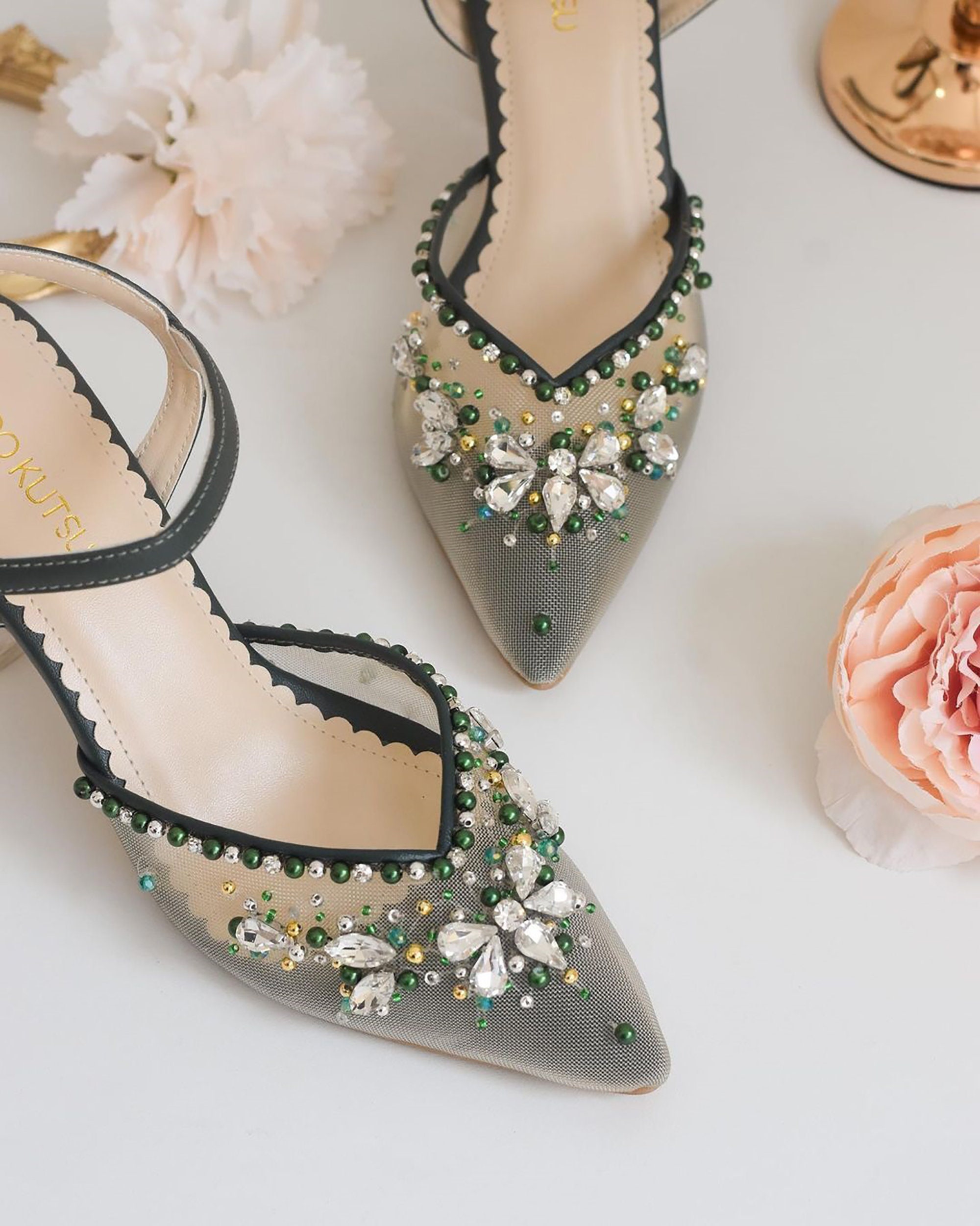 Dark Green Elegant Pearl Party Shoe, Rhinestone Beaded Emerald Green Dark Green Elegant Pearl Party Shoe, Rhinestone Beaded Emerald Green