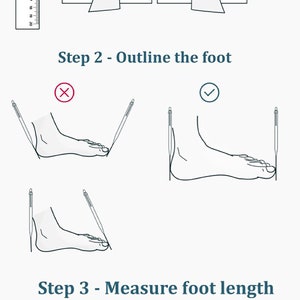 May include: A step-by-step guide on how to measure your foot for shoes. The guide shows how to prepare two pieces of paper, outline your foot, and measure the length of your foot using a ruler.