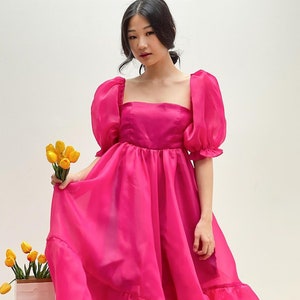 Robe en organza à manches bouffantes rose fuchsia, robe élégante de fête simple, robe de princesse Cendrillon, robe fluide élégante cercle, robe de cocktail image 2