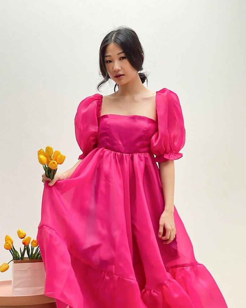 Robe en organza à manches bouffantes rose fuchsia, robe élégante de fête simple, robe de princesse Cendrillon, robe fluide élégante cercle, robe de cocktail image 2