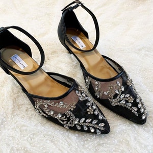 black elegant slingback flat shoe, pointed toe transparent shoe, beaded formal floral heels, sequin embroidery ankle strap shoe, party shoes