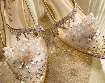 Gold Clear Cinderella Pump Shoes Crystal Wedding Shoes 