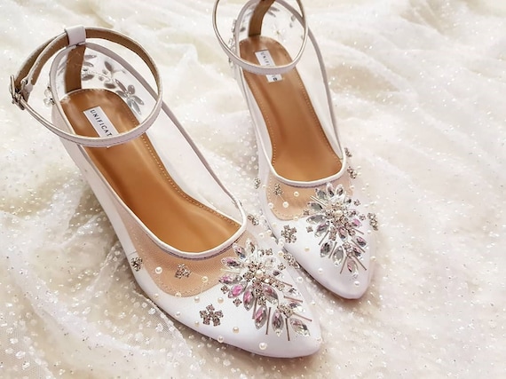 white transparent party flat shoe, crystal beaded classy bridal shoe, wedding guest elegant shoe, minimalist rhinestone simple classic shoe