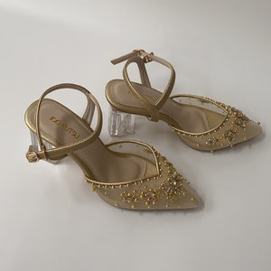 Gold Beaded Rhinestone Party Shoe, Shine Pearl Embroidered Wedding Shoe ...