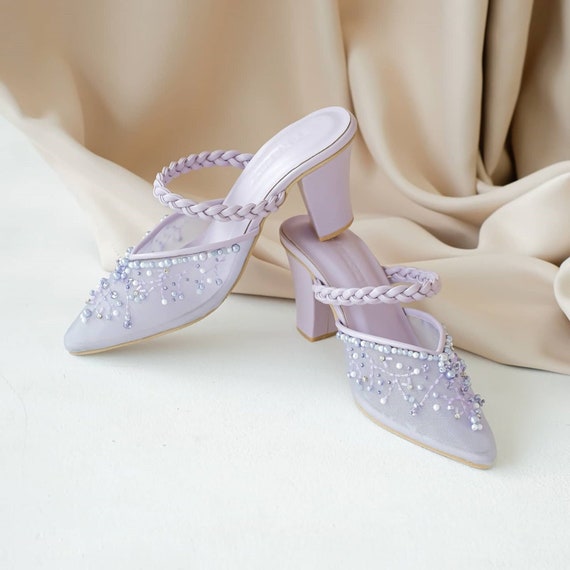 purple dress and silver shoes Lavender Pointed Toe Heels Sandal, Lilac Formal Party High Heels, Beaded  Embroidery Heel, Purple Prom Heel Shoe, Cute Party Mule