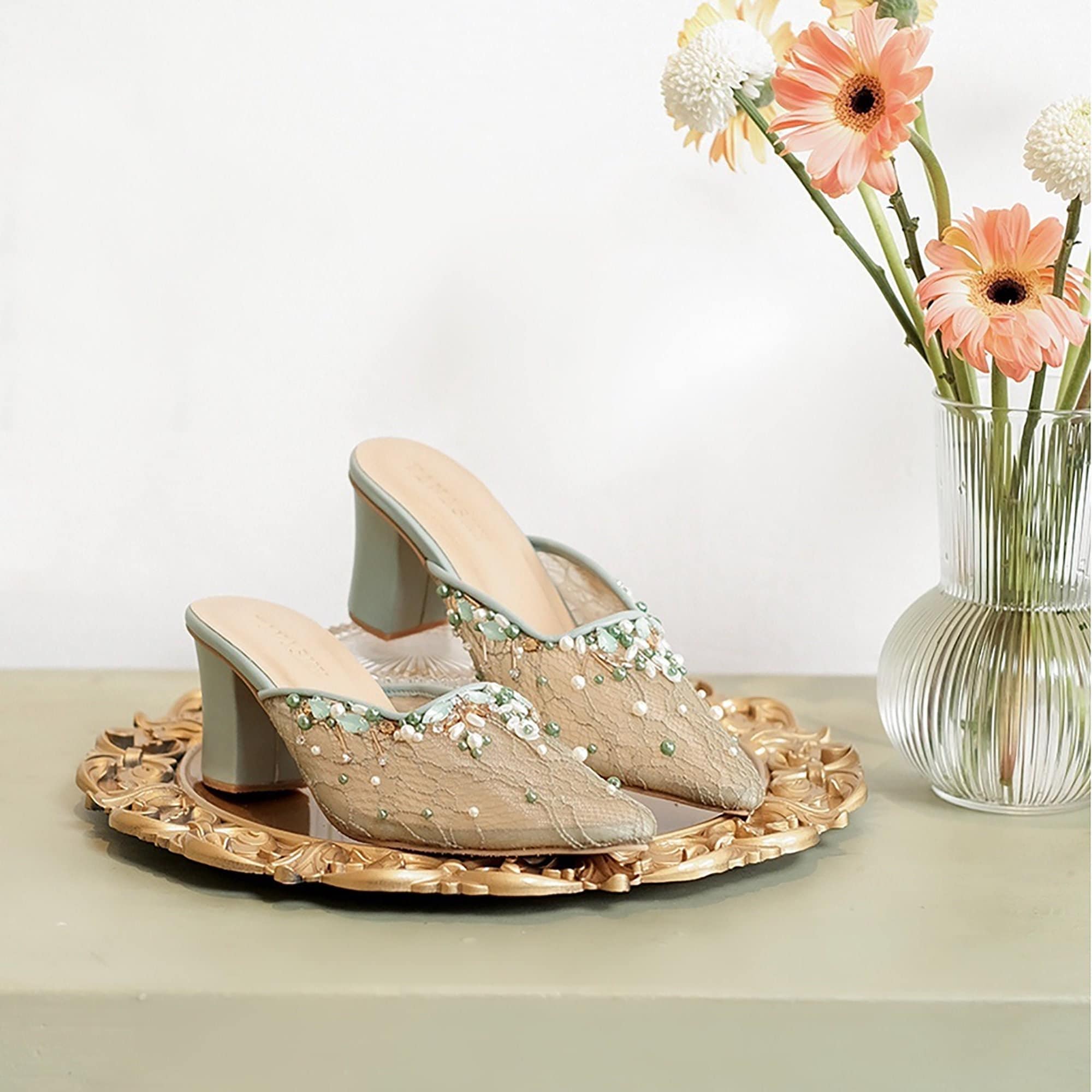 Sage Green Vintage Bridal Mules, Lace Beaded Wedding Guest Sandal Sage Green Vintage Bridal Mules, Lace Beaded Wedding Guest Sandal
