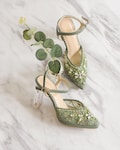 green lace pointed toe shoe, pearl applique wedding shoe, elegant wedding guest shoe, ankle strap classy bridal shoe, garden party flat shoe product logo