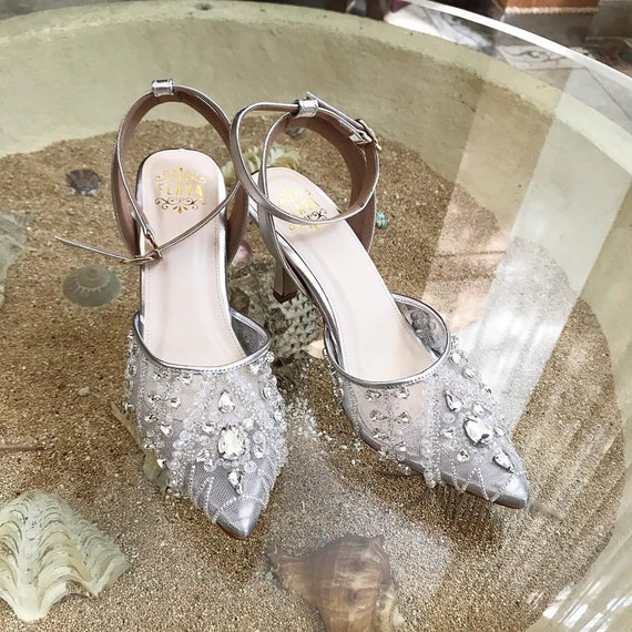 Tårer Dare fantom Silver Crystal Beaded Wedding Shoes Pointed Toe Sequin Bridal - Etsy  Australia